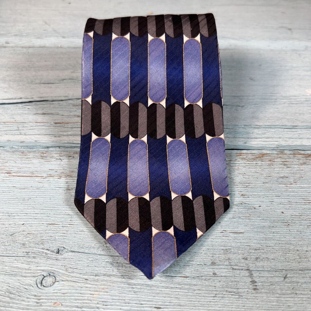 Facets Men's Necktie Tie Silk Satin Blue Black Gray White Geometric USA VTG